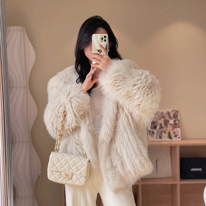 Real Fur Coat Women Luxury 2023 Winter Navy Collar Encryption Double Woven Warm Blue/Pink/Brown Fox Fur Jacket Doudoune Femme