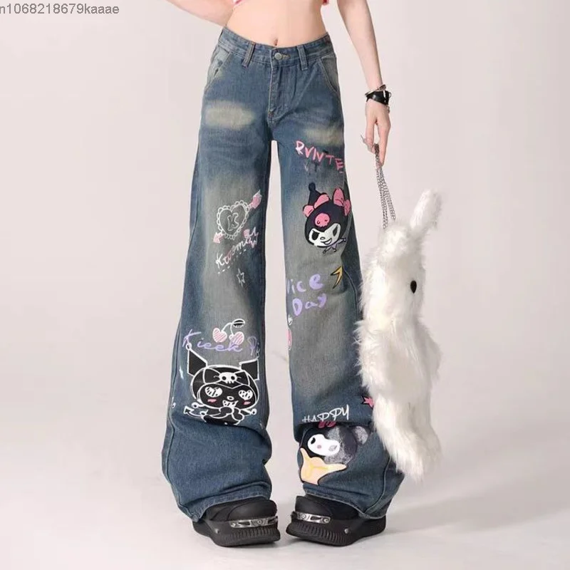 Sanrio Kuromi Printed Micro Flared Jeans Korean Streetwear Loose Straight Trousers Y2k Female Fashion High Waist Wide Leg Pants