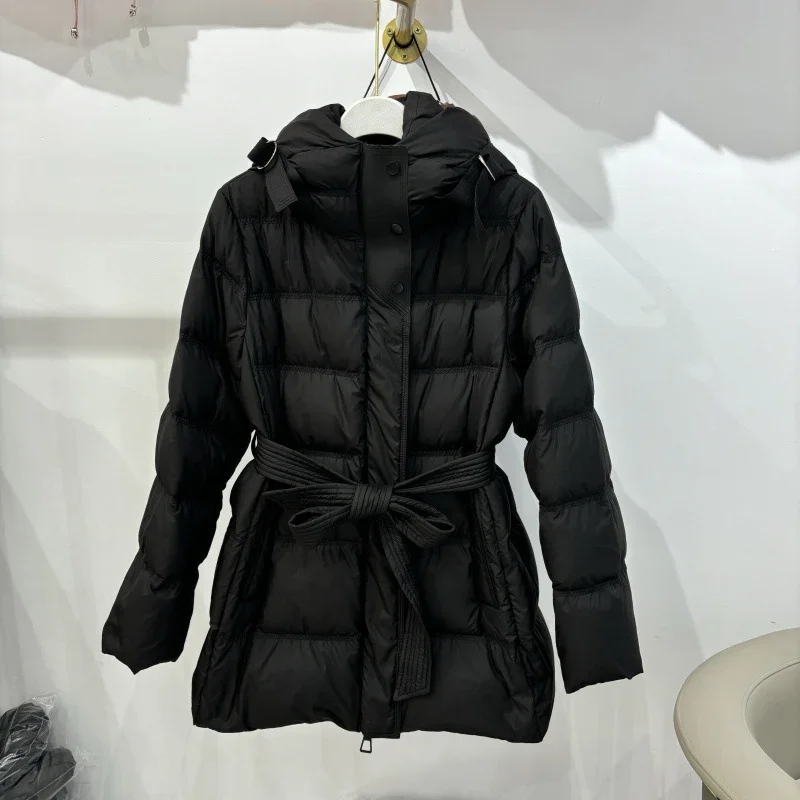 Schinteon 여성 화이트 오리 다운 재킷 후드 가을 겨울 따뜻한 사무실 레이디 아웃웨어 유행 코트 벨트 2024 새로운