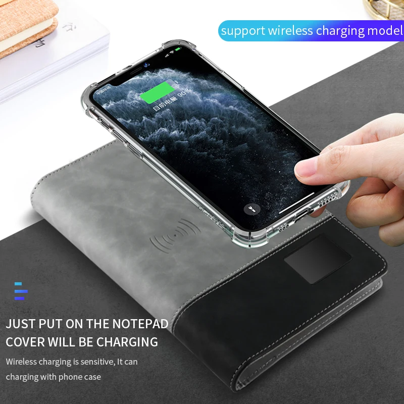 Fingerprint Lock Power Bank Notebook With Wireless Charging 16G Hidden U Disk Office Loose Leaf Diary With LED Logo Pannler