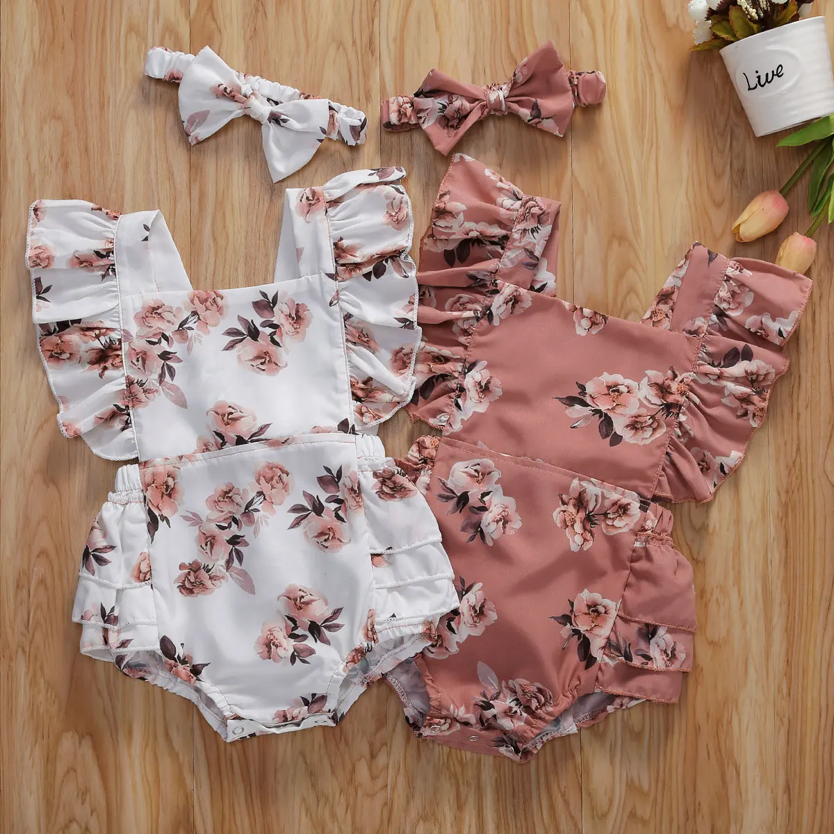 

Baby Girls Two-piece Clothes Set Floral Printed Pattern Square Collar Sleeveless Romper Headdress White Pink 0-24 Months