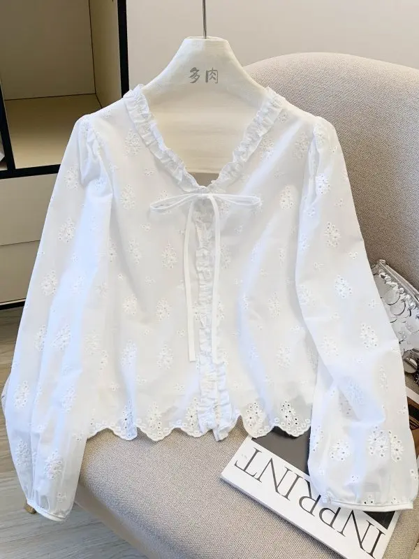 

Spring Sweet Unique Bubble Sleeve Shirt Women's Soft Lace V-Neck Embroidered Hollow out Fashionable Cotton Linen Blend Blouse