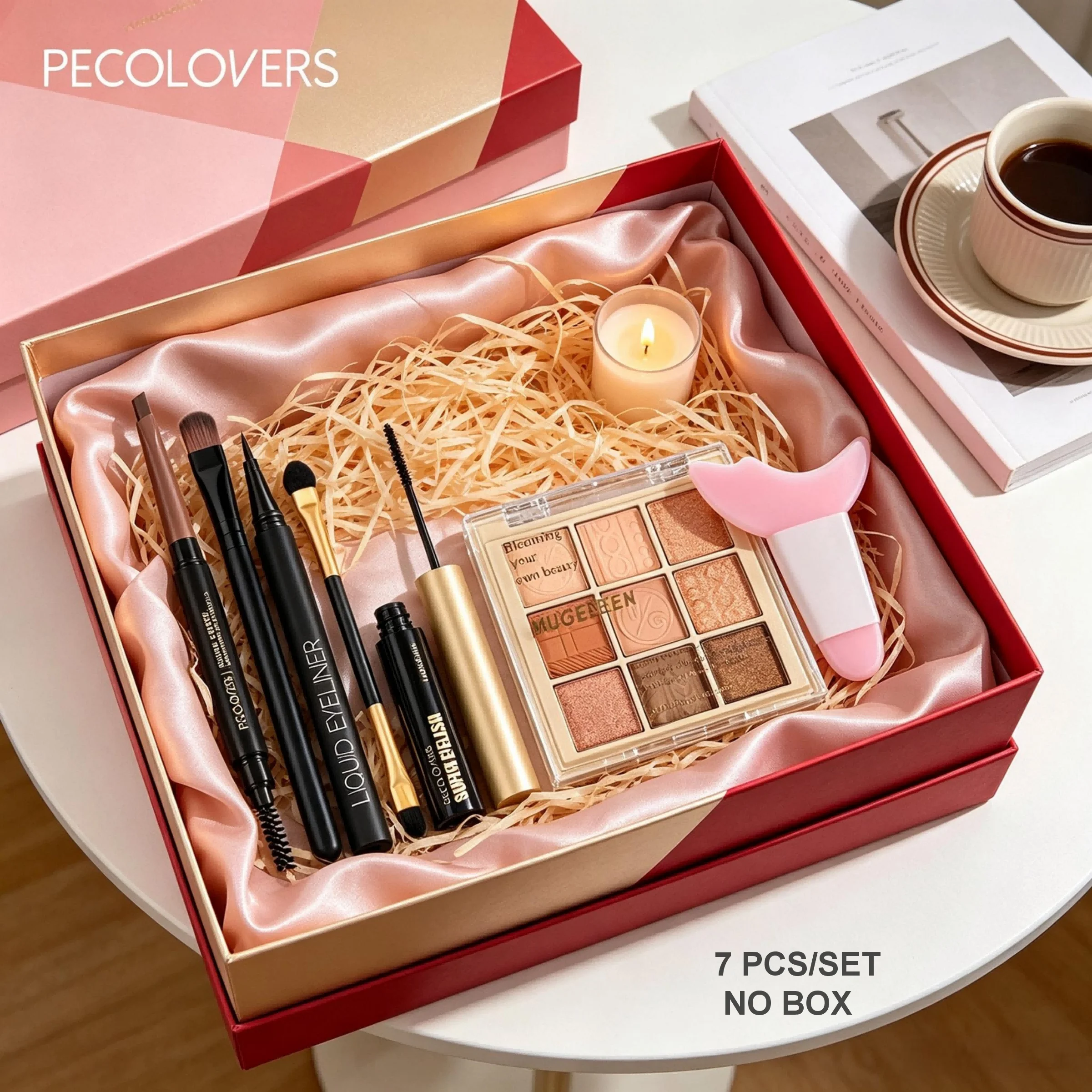 Natural Everyday Eye Makeup Kit (7 Pcs/set), 9 Colors Warm Tone Eyeshadow Palette Eye Highlighter Pen & Soft Bristle Brushes