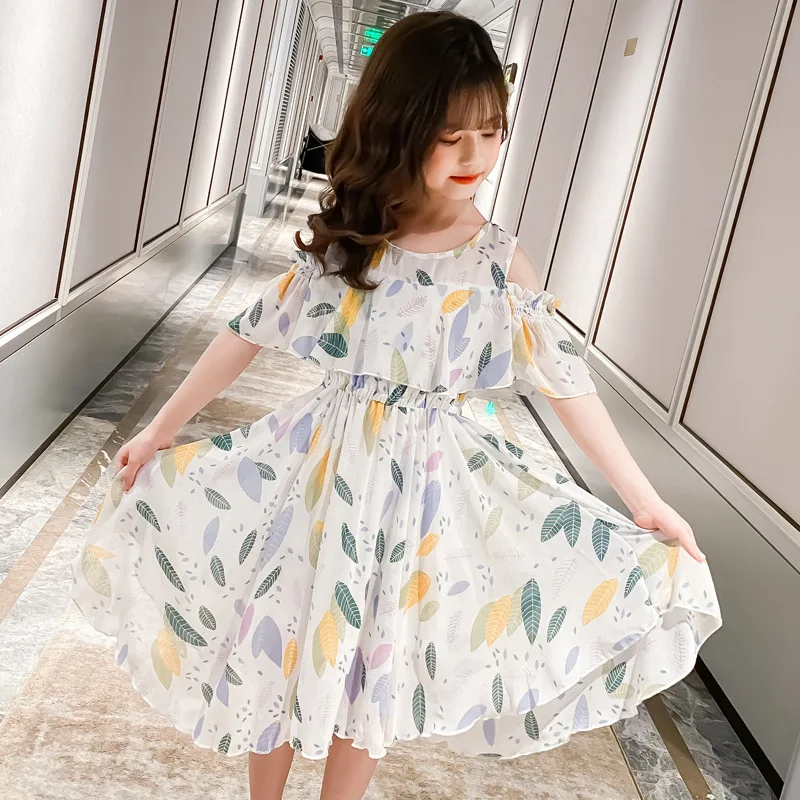 2024 teens Summer baby Girls Dress Clothes mesh leaf Bohemian Floral Off Shoulder chiffon Long Beach 3 4 5 6 7 8 9 10 12 years