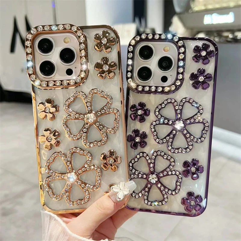 For iPhone 15 Pro Max Luxury Flowers Flash Diamond Plating Frame Phone Case For iPhone 11 12 13 14 16 Plus Soft Rhinestone Cover