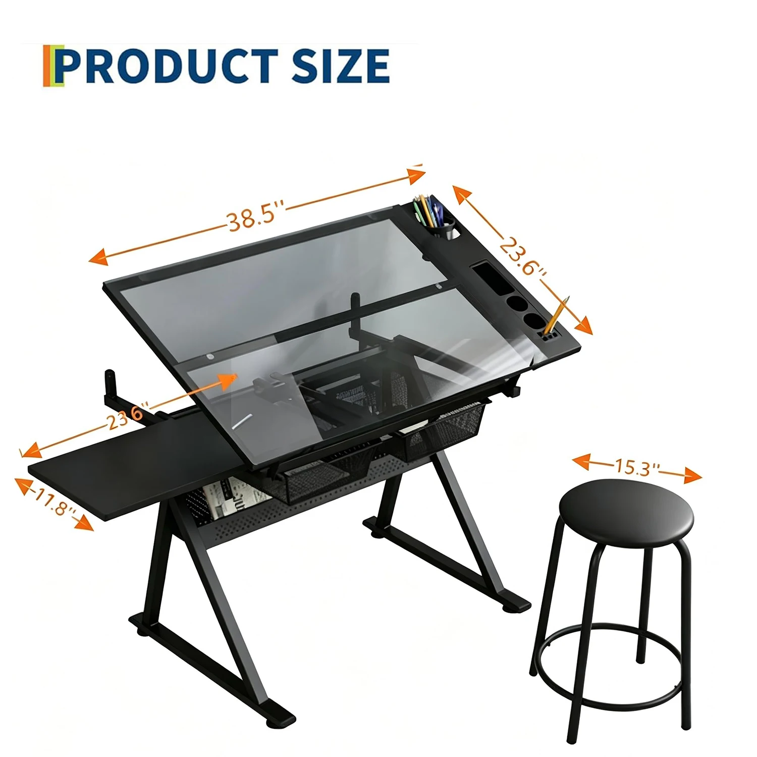 Height Adjustable Drafting Table With Stool, 0-75° Tilting Glass Drawing Desk With 2 Drawers, Art Craft Painting Workstation For Home Office