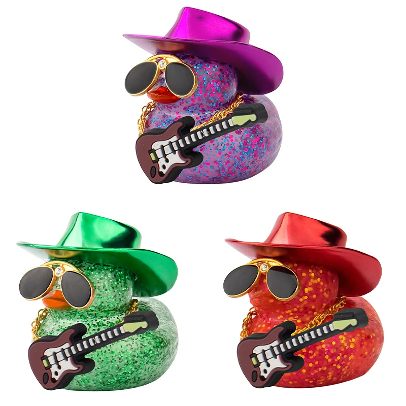 Car Decorations Laser Cowboy Hat Rubber Ducks, Dashboard Rubber Ducky for Car Ornament Cute Duck with Hat, Glasses, Necklace, Gu