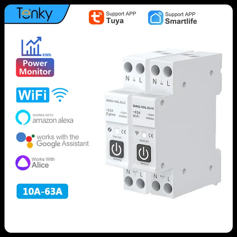 TUYA ZigBee / Wifi Smart Circuit Breaker With Powe Metering 1P 1-63A DIN Rail For Smart Home Control Via Alexa Google Home Alice