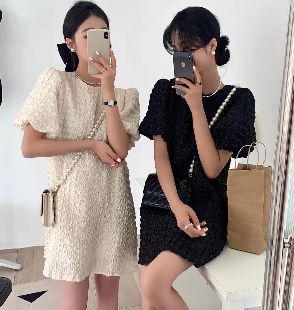 Summer Korean High Street Casual Fashion Dress Women O-Neck Puff Sleeve Textured Dress Elegant Chic Party Mini Dress Office Lady