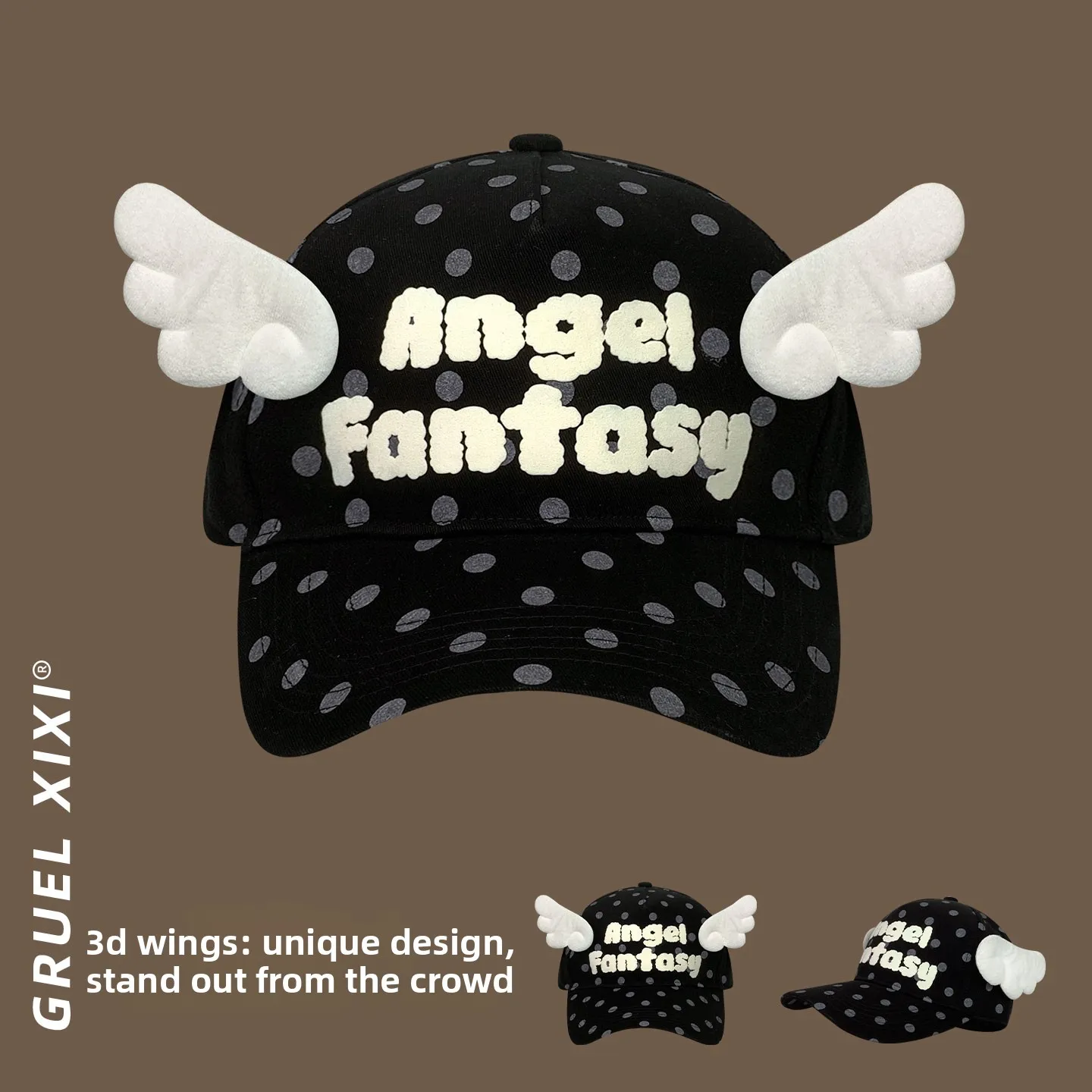 Cute Detachable Angel Wings Baseball Cap Women Black Polka Dot 3D Decor Peaked Hat Fashion Unique Stereo Shape Streetwear Hat
