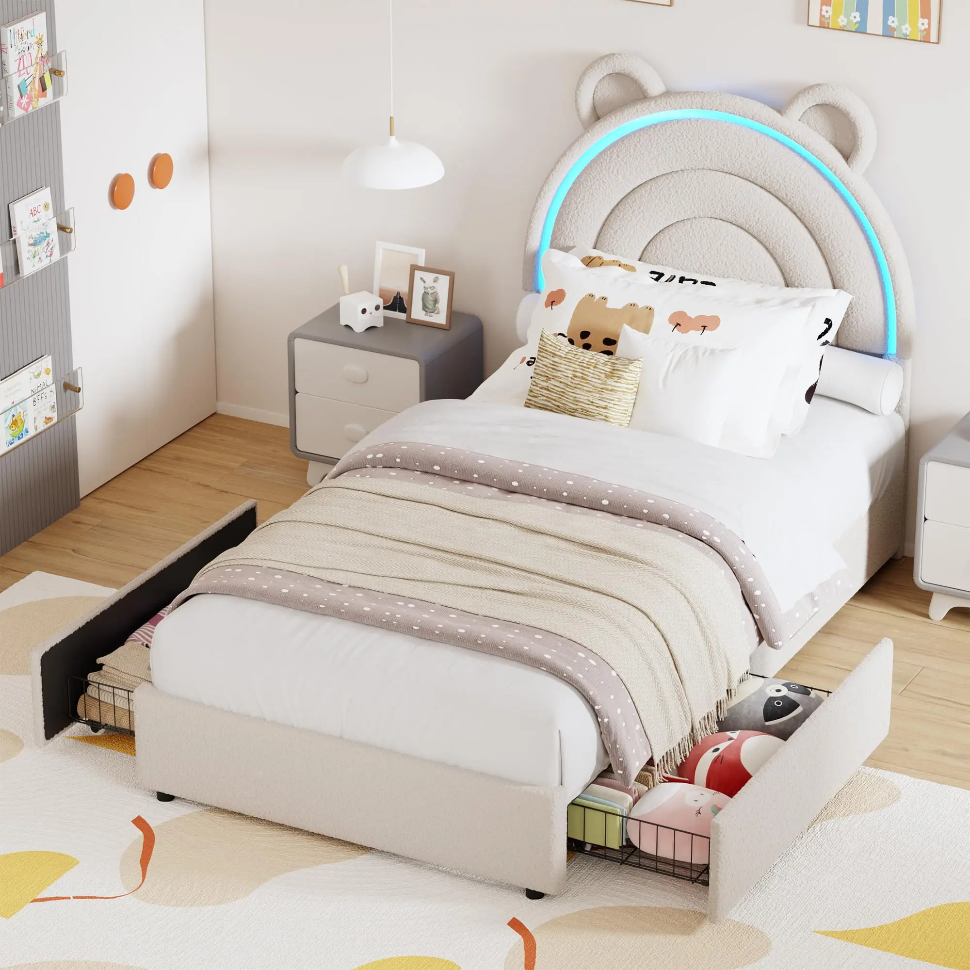 Princess Style Twin Size Upholstered Bed Frame with LED Rainbow Headboard & 4 Storage Drawers - Soft Platform, Plain Wood Slats, No Box Fresh Needed, Kids Bedroom Furniture, Pink, Twin