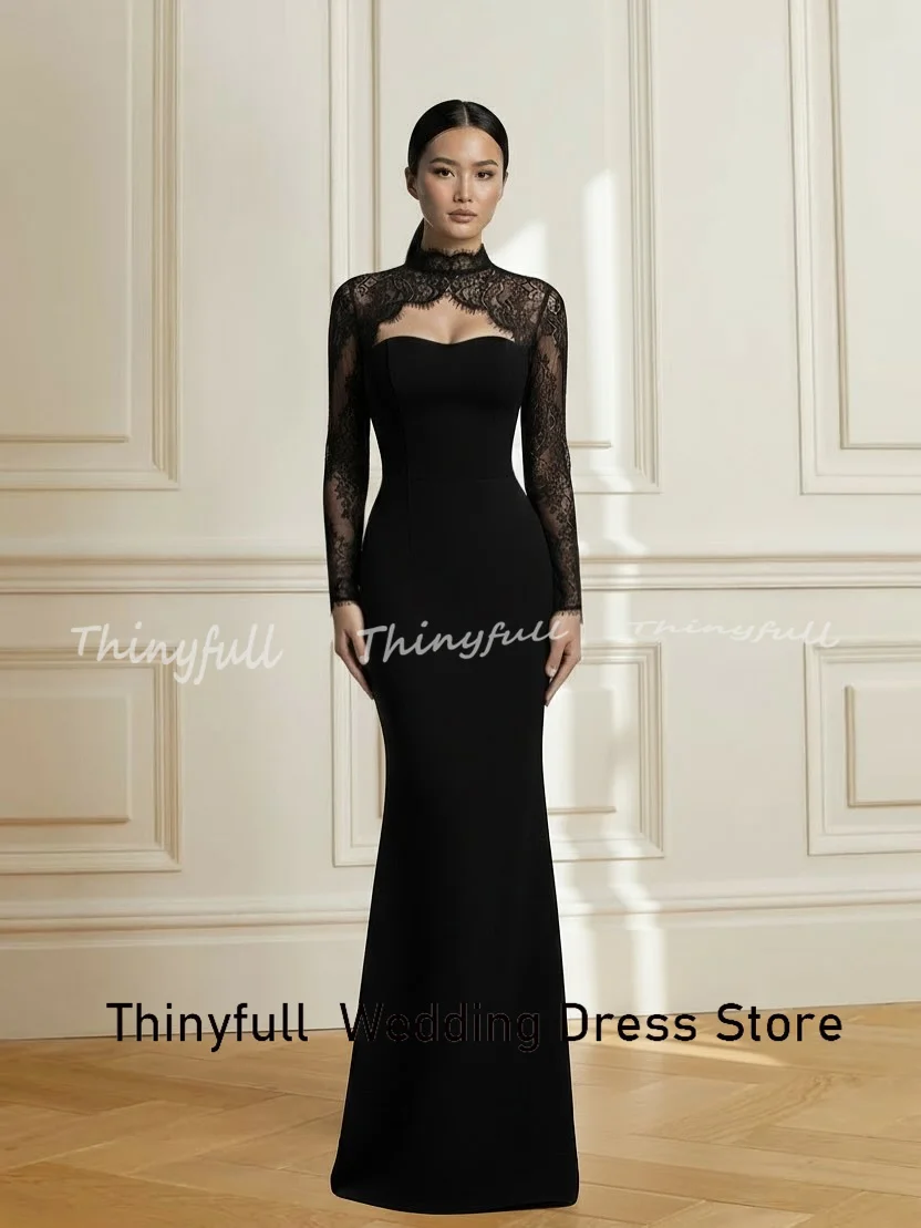 Thinyfull Mermaid Arab Black Prom Dresses Satin/Lace Long Sleeves Evening Party Gown Formal Dress robes de soirée Customized
