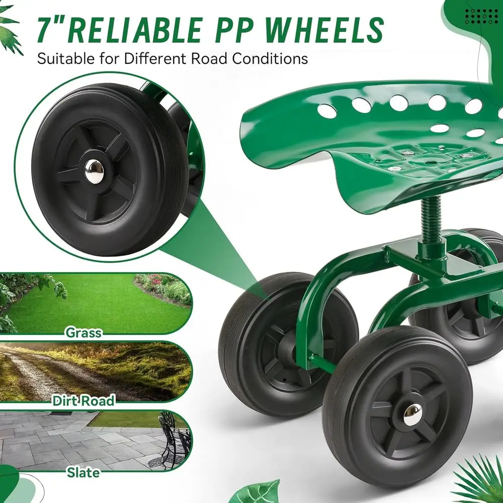 360 °   Carrinho de jardim giratório com assento para homens e mulheres, scooter para idosos para trabalho ao ar livre no quintal (verde)
