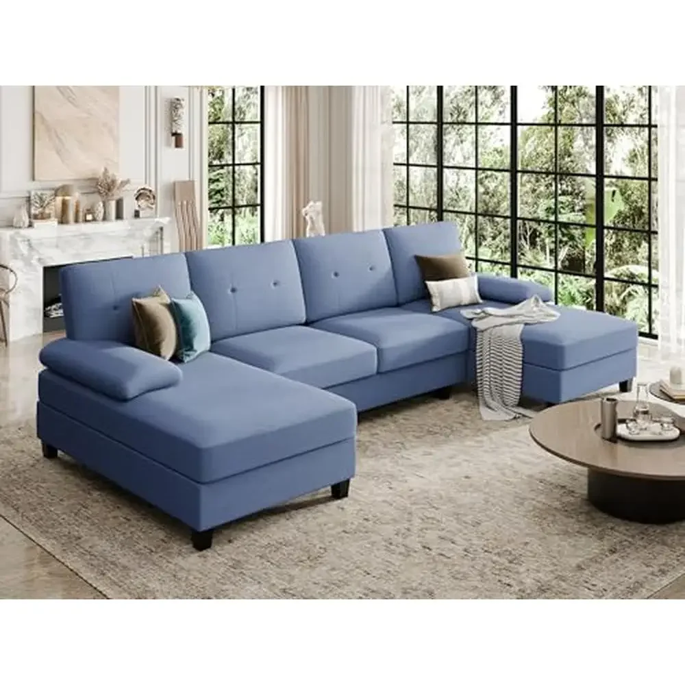 

U-образная стеклянная мебель 106 дюйма из льняной ткани, цельная деревянная рама и двойные стулья, современная мебель для гостиной, 4 места