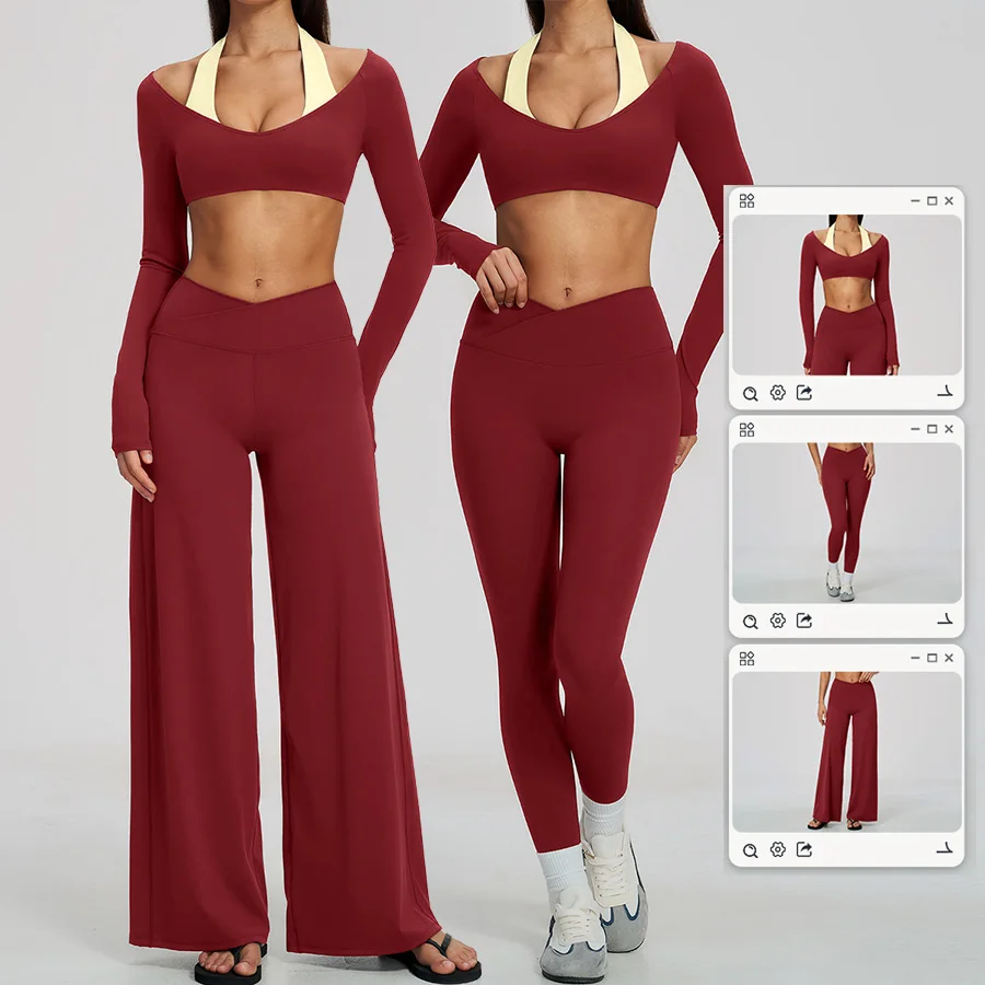 Yoga-Set 2-teilig, Fitnessbekleidung, Trainingsanzug, Lauf-Sportbekleidung, Outfit, hochtailliert, weites Bein, langärmeliges Crop-Top – Detail 1