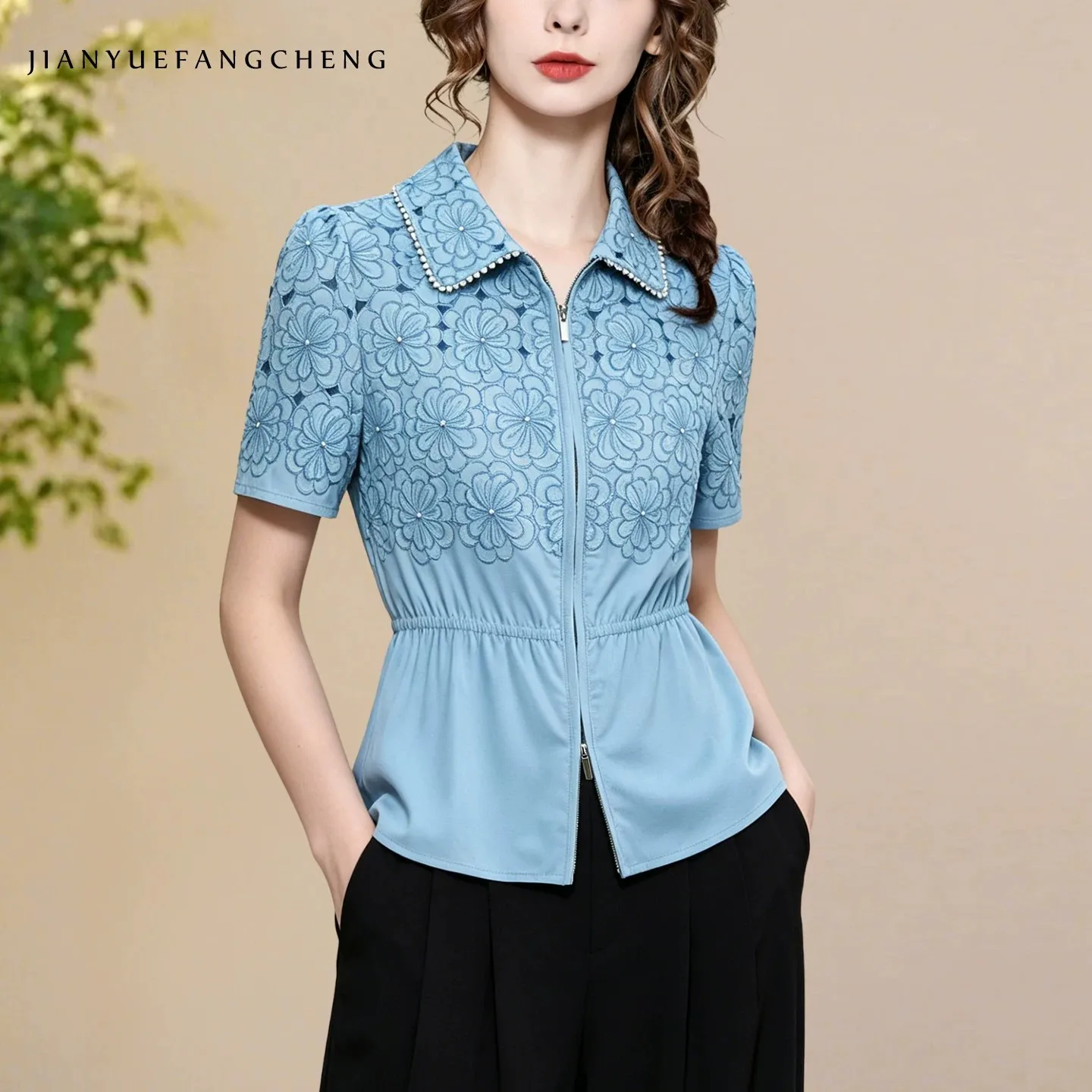 2026 New Arrival Beaded Lapel Lace Blouse Women Summer Short Sleeve Floral Embroidery Patchwork Drawstring Waist Zip Up Elegant