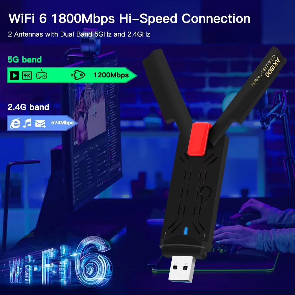 1800Mbps WiFi 6 USB 어댑터 듀얼 밴드 2.4G/5Ghz 무선 WiFi 수신기 노트북 PC Win 10/11 용 USB 3.0 동글 네트워크 카드 ,1800Mbps WiFi 6 USB Adapter Dual Band 2.4G/5Ghz Wireless WiFi Receiver USB 3.0 Dongle Network Card For Laptop PC Win 10/11
