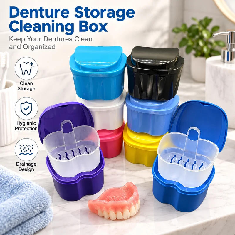 Denture Bath Organizer with Hanging Net BPA Free Dental False Teeth Storage Box Portable for Home Travel Cleaning