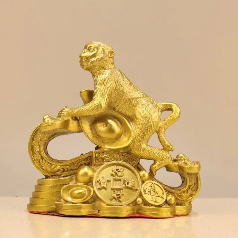 Brass monkey ornament, auspicious running monkey with ingots, large base, zodiac monkey, exquisite home animal decoration