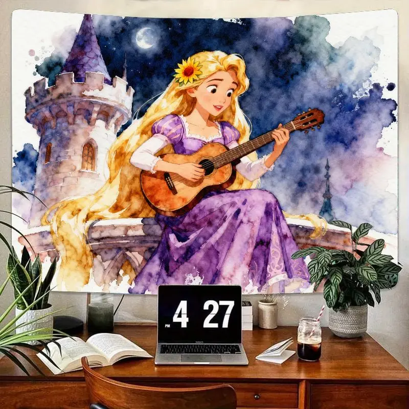 

1PC Disney Rapunzel Playing Guitar Tapestry, Aesthetic Watercolor Castle Wall Art for Girls Bedroom Living Room Dorm Decor Gift.