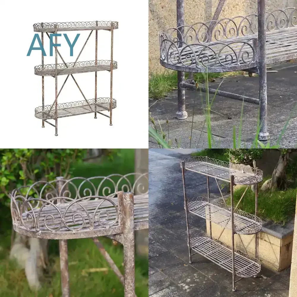 Vintage Iron 3-Storey Horticultural Flower Trellis for Outdoor Garden Balcony Courtyard Floor Shelves Plant Stand Vertical