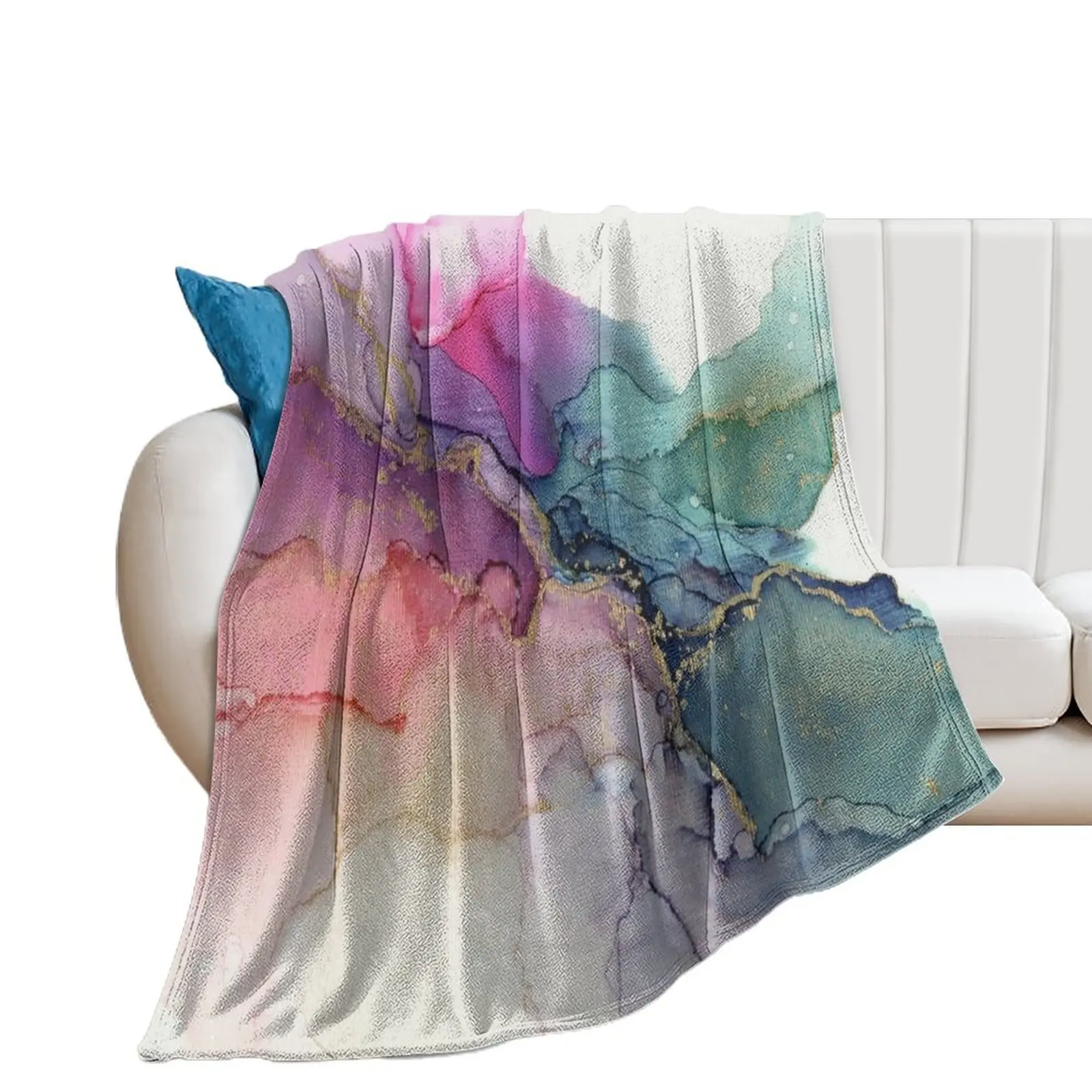 Abstract Coral Turquoise Gold Ink Painting on Canvas Throw Blanket Vintage Sofa Quilt Sofa manga Blankets