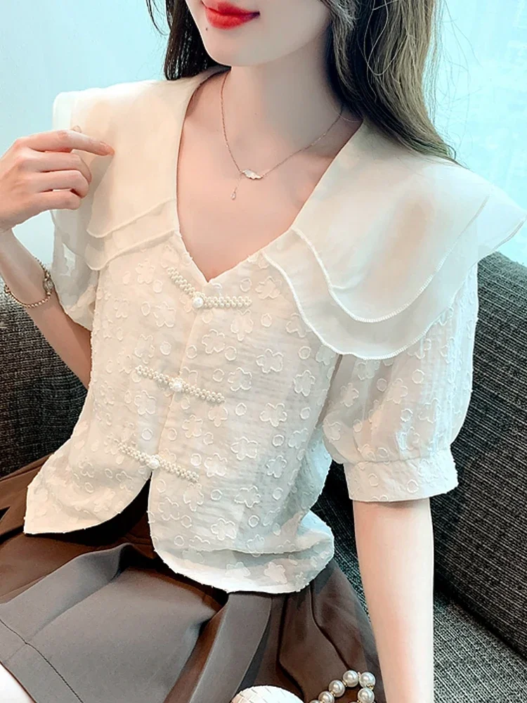 Sommer Frauen Tops Kurzarm Chiffon Bluse Shirt Blusas Mujer de Moda Verano Puppen kragen Bluse Frauen Hemden Blusa G511