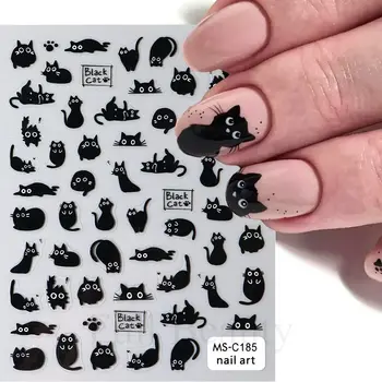 2pcs Black Cat Nail Stickers 3D Cute Cartoon Animal 3D Self-Adhesive Nail Art Decals…