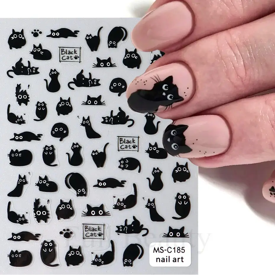 2 szt. Czarny kot naklejki na paznokcie 3D Cute Cartoon zwierząt 3D samoprzylepne naklejki do paznokci suwaki dekoracje akcesoria do Manicure