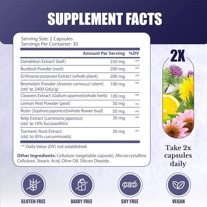 Lymphatic system supplement contains 9 plant medicines - dandelion, burdock, echinacea, lemon, etc. -60 capsules