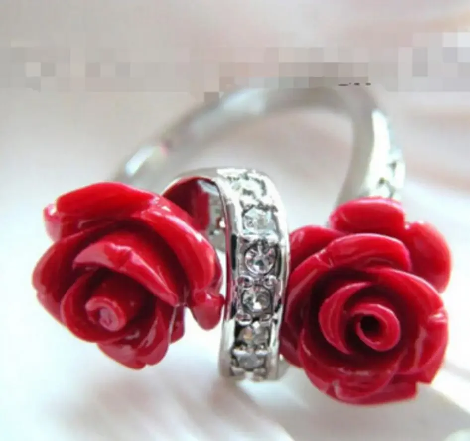 

Fashion jewelry AMAZING 12mm red carved rose flower coral rings NEW style Fine jewe Noble Natural