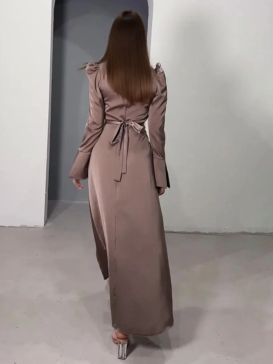 Eid Muslim Dress For Women V Neck Belt Satin Maxi Long Dresses Abaya Ramadan Lace-up Abayas Kaftan Dubai Arab Modest Long Robe 5