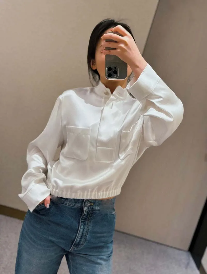 

Korean style girl style fashion casual trend temperament versatile age reducing slimming stand up collar button long sleeved top