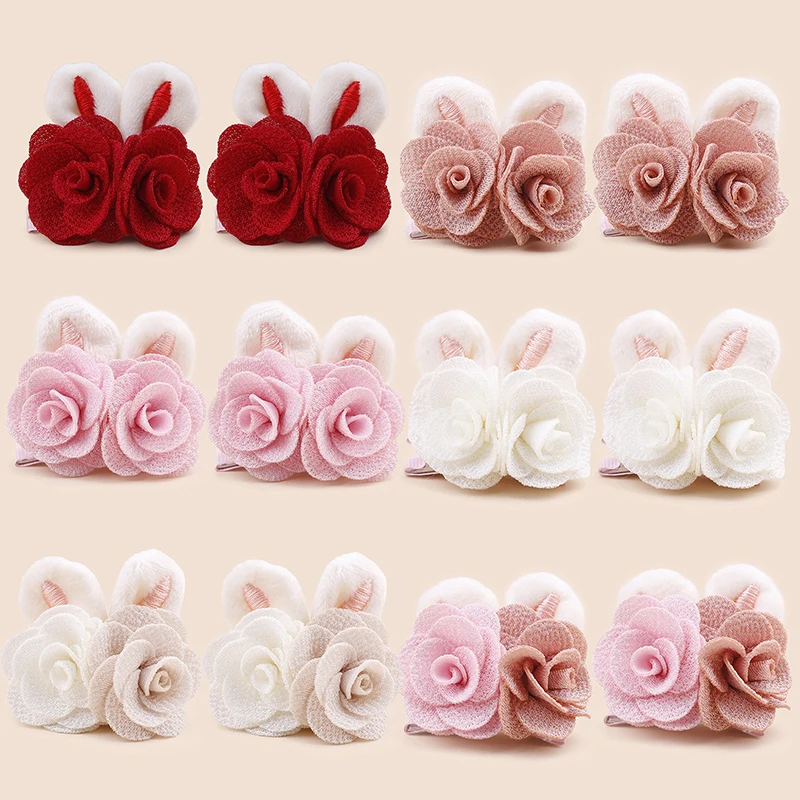 Spring Beautiful and Cute Pink Series Rose Bunny Children Baby Handmade Hair Clip Suitable for Birthday Parties Popular Seasons