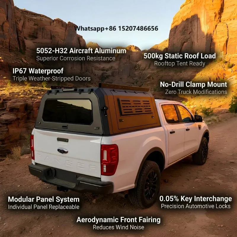 Professional Aluminum Alloy Pickup Truck Bed Cover Camper Shell Canopy with High Brake Light for 5.0ft Ranger/Hilux/Tacoma/D-Max