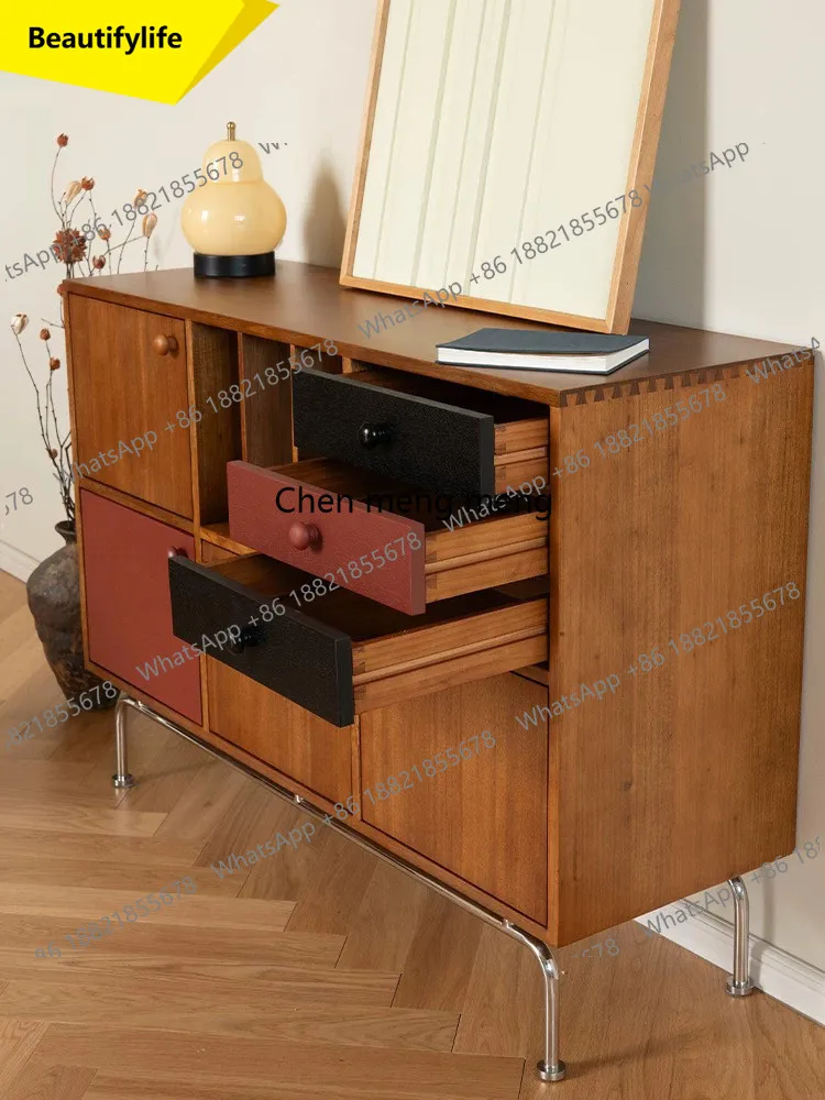 

A17 Medieval contrasting color solid wood dining side cabinet, living room storage cabinet against the wall, locker