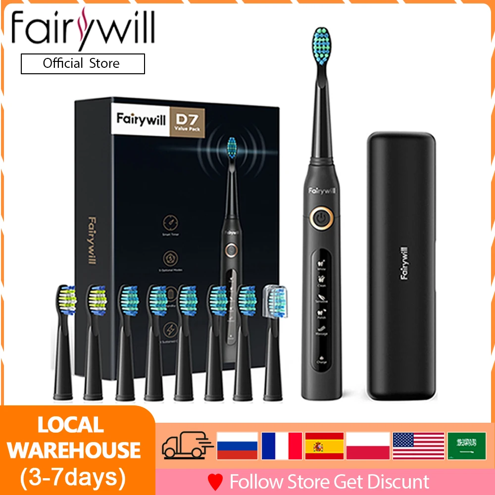 Fairywill Electric Sonic Toothbrush 5 Modes Replacement Heads Waterproof Rechargeable Powerful Cleaning Soft Heads Toothbrush