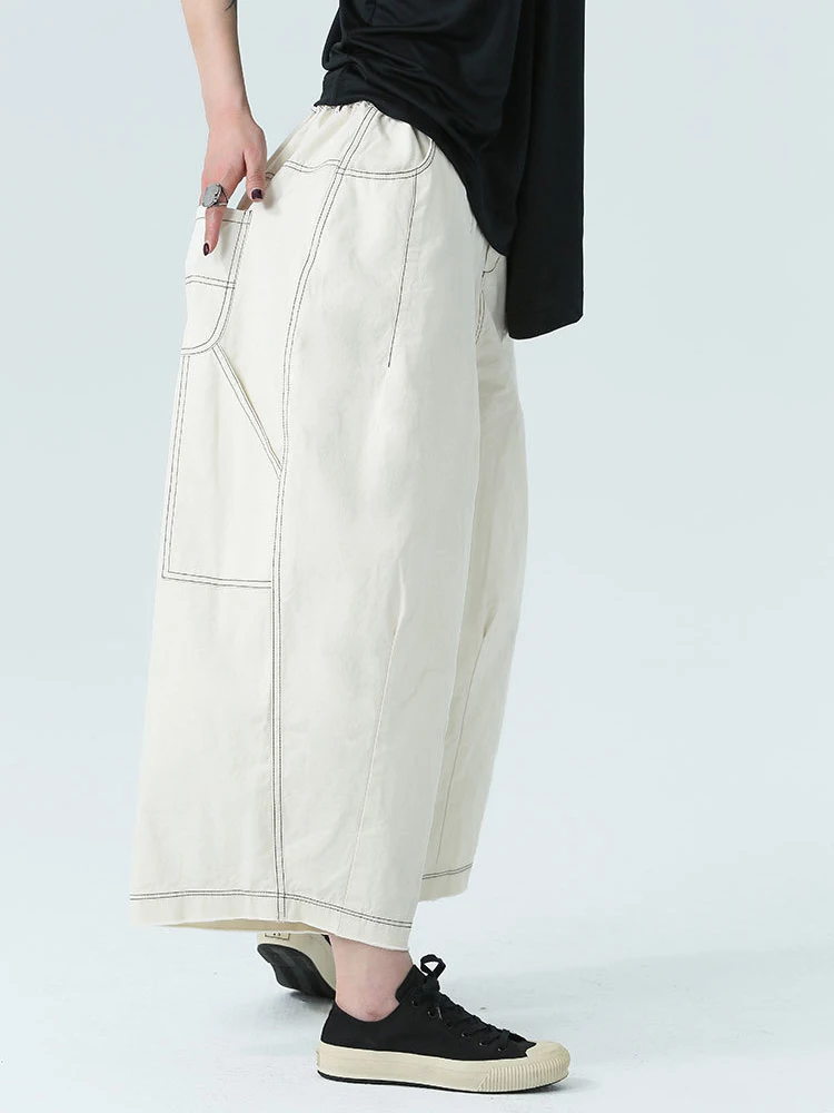 [EAM] High Elastic Waist Beige Topstitched Long Wide Leg  Pants New Trousers Women Fashion Tide Spring Autumn 2024  1DH4948