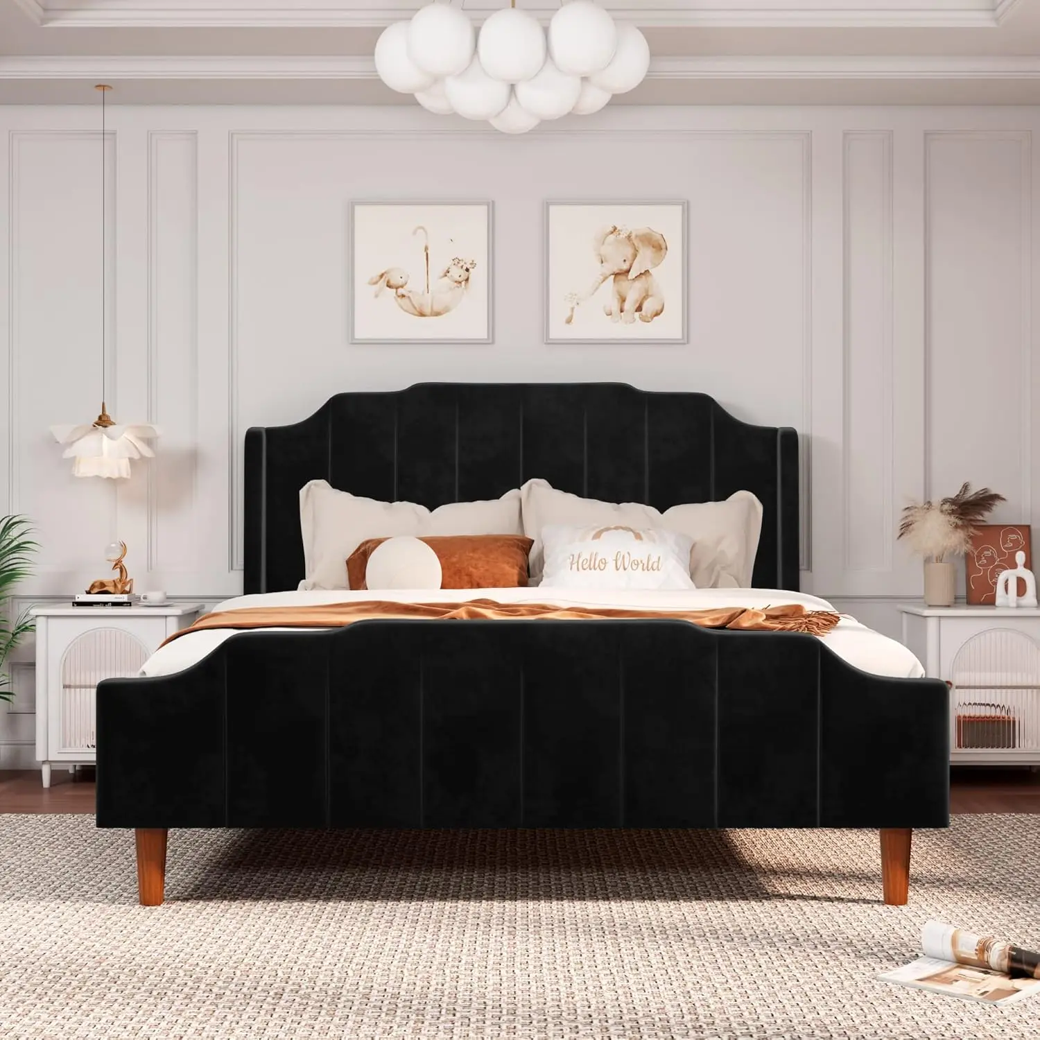 

Allewie Queen Size Velvet Bed Frame Upholstered Platform Bed with Vertical Headboard and Footboard