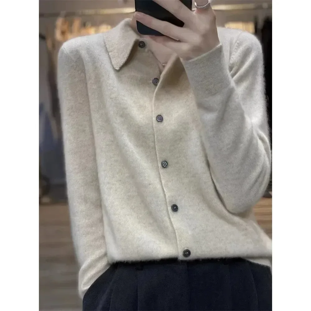 Spring Type Cashmere Sweater Women Cardigan Shirt Collar Exquisite Polo Collar Long sleeve Sweater Fleece Base Knit