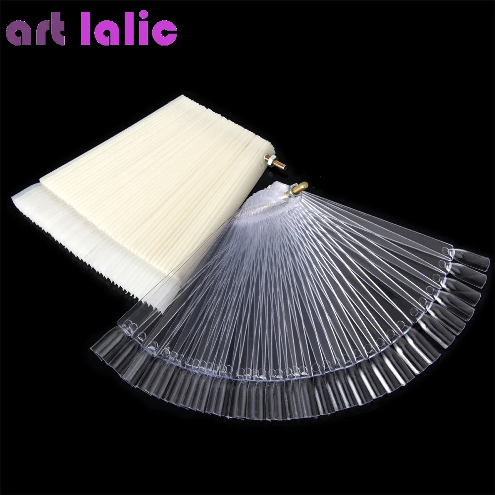 50Pcs Natürliche Klare Acryl Falsche Nail art Display Tipps Fan Stil Swatch Polnischen Stehen Maniküre Zubehör Werkzeug