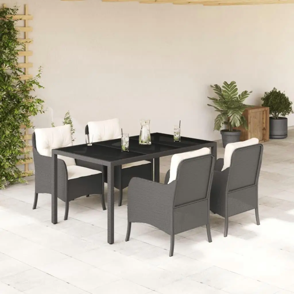 5-Piece Black Poly Rattan Patio Dining Set with Cushions - Stylish Outdoor Furniture