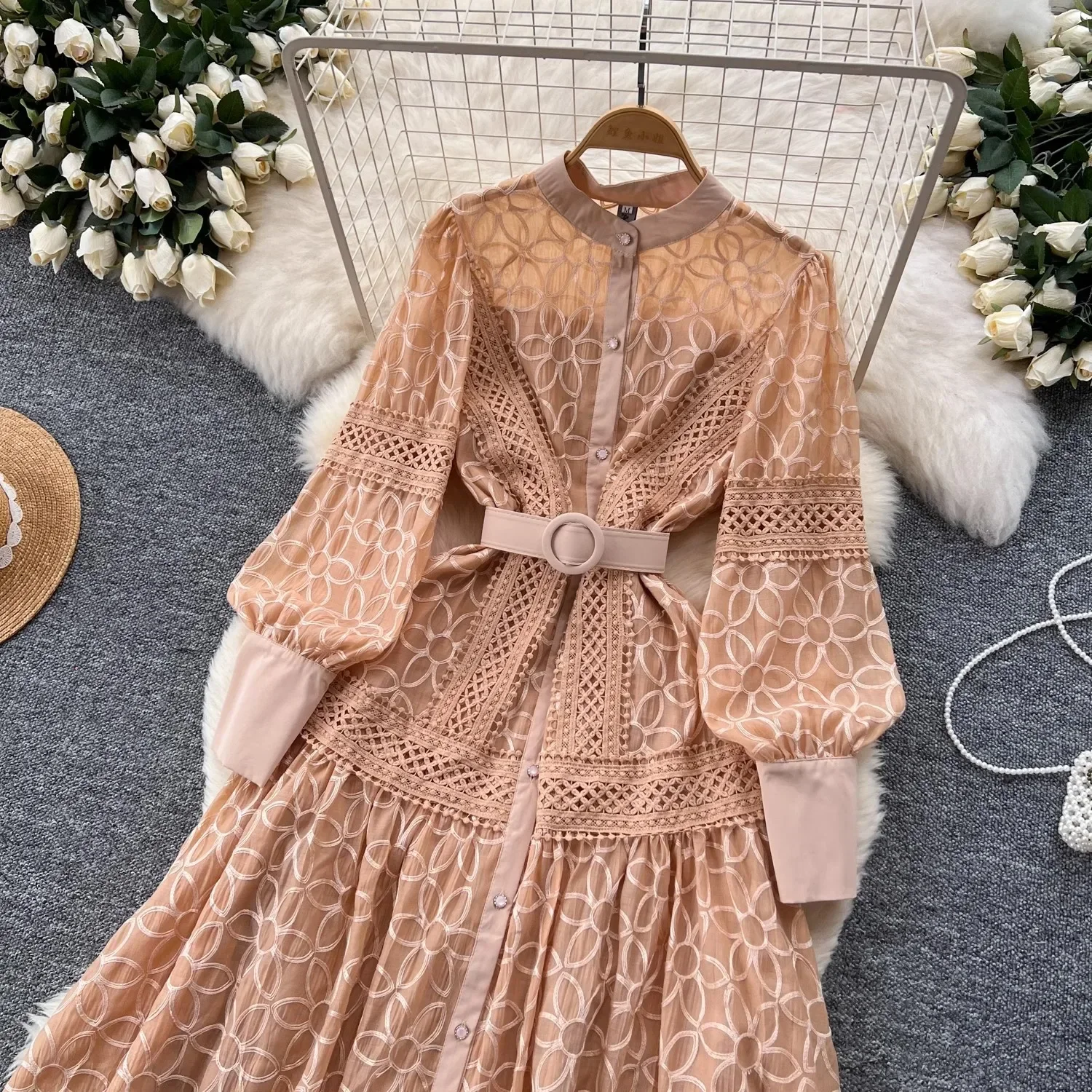 Sukienki damskie wiosenno-jesienne, nowe, francuskie, z haftem kwiatowym, długie rękawy typu latarnia, zapinane na guziki, z paskiem, na wieczorne przyjęcia, eleganckie vestidos.