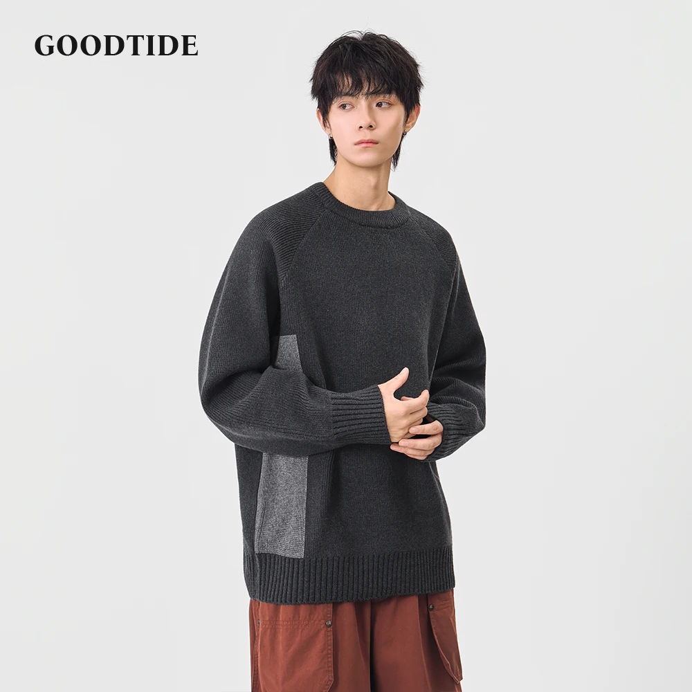 2025 Winter Fashion Men's Casual Crew Neck Sweater Contrast Panel Raglan Sleeve Knitted Pullover Soft Long Sleeve Jumper Top