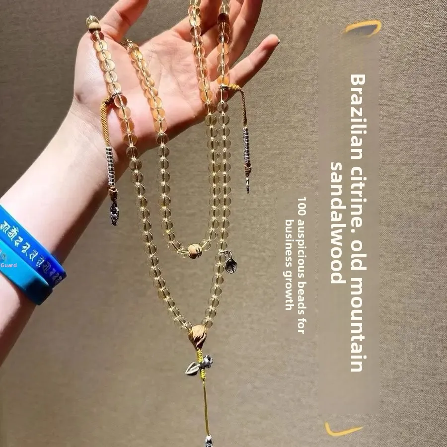 2026 Natural Brazilian Yellow Crystal 108 Beads Prayer Mala Necklace Indian Old Sandalwood 925 Sterling Silver Spiritual Jewelry