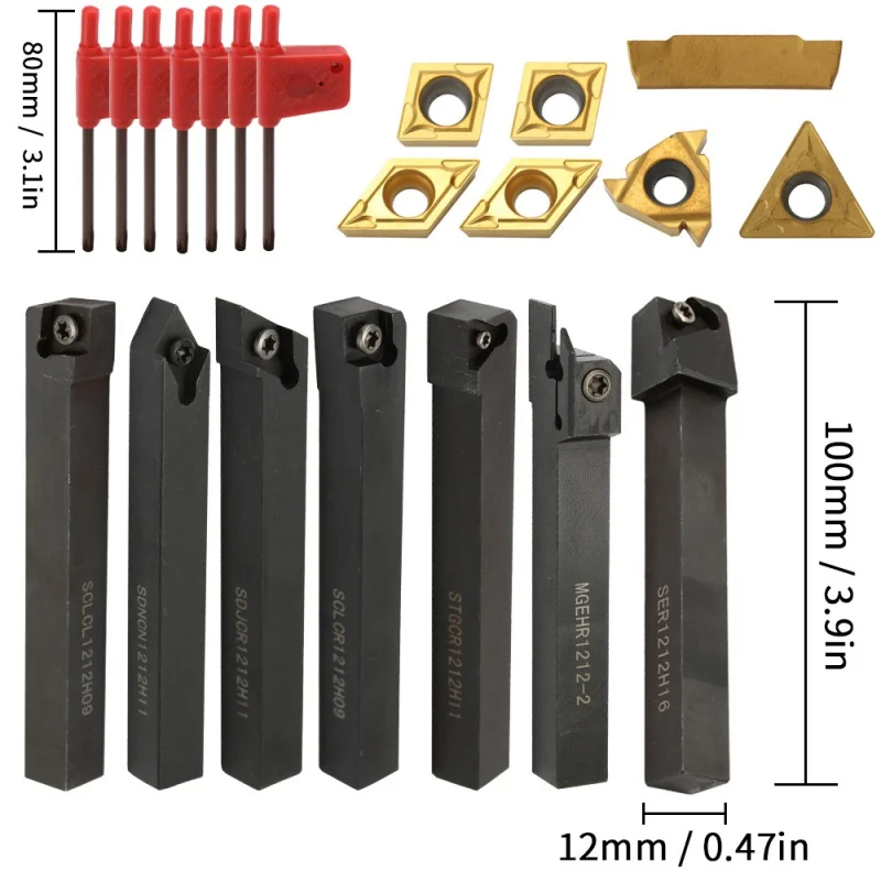 

7pcs 12mm/10mm/8mm Solid Carbide Inserts Holder Boring Bar Lathe Tools Lathe Cutter Metal Turning Rod Holders and Inserts Tool