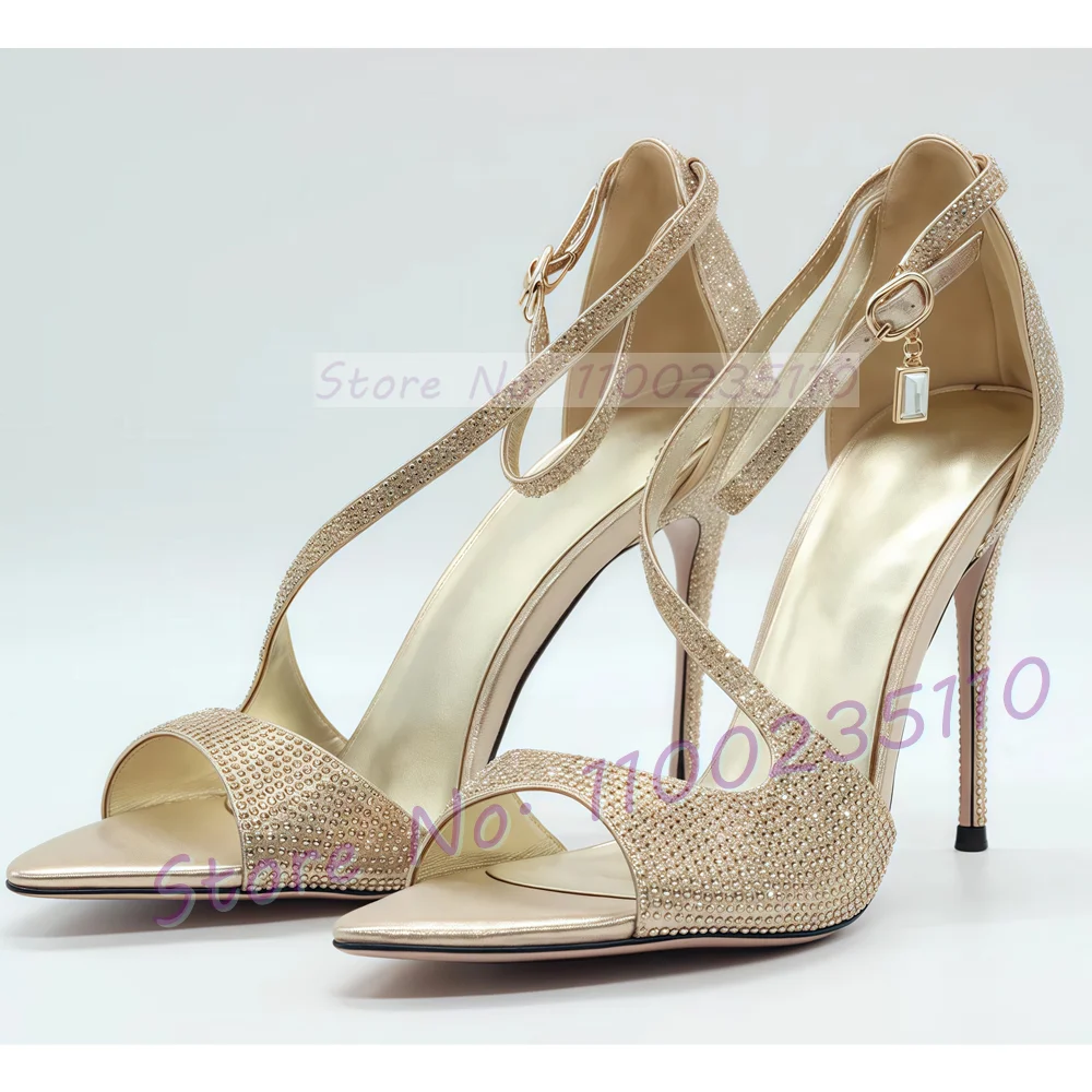 Champagner Strass Cross Strap Sandalen Frauen Schimmer Offene Spitze Zehen Abdeckung Ferse Schuhe Damen Edelstein Anhänger High Heel Sandalen