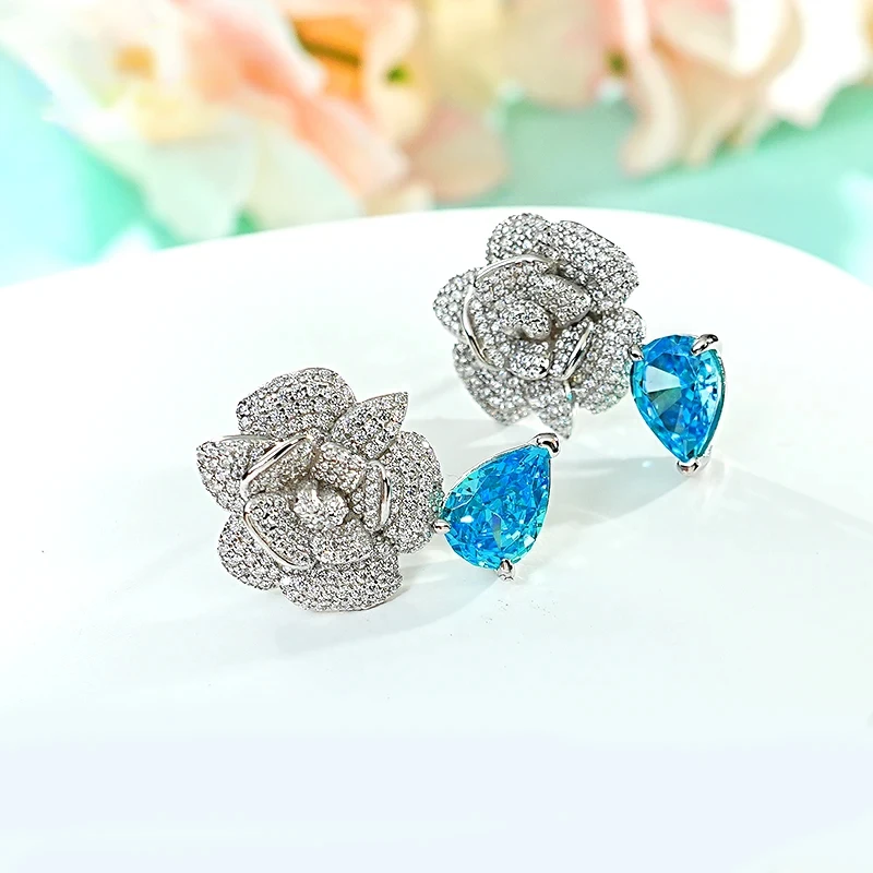 

New Camellia Water Drop Topa Blue 925 Silver Ear Stud Set with High Carbon Diamond Sea Blue Treasure, Elegant and Fresh Female