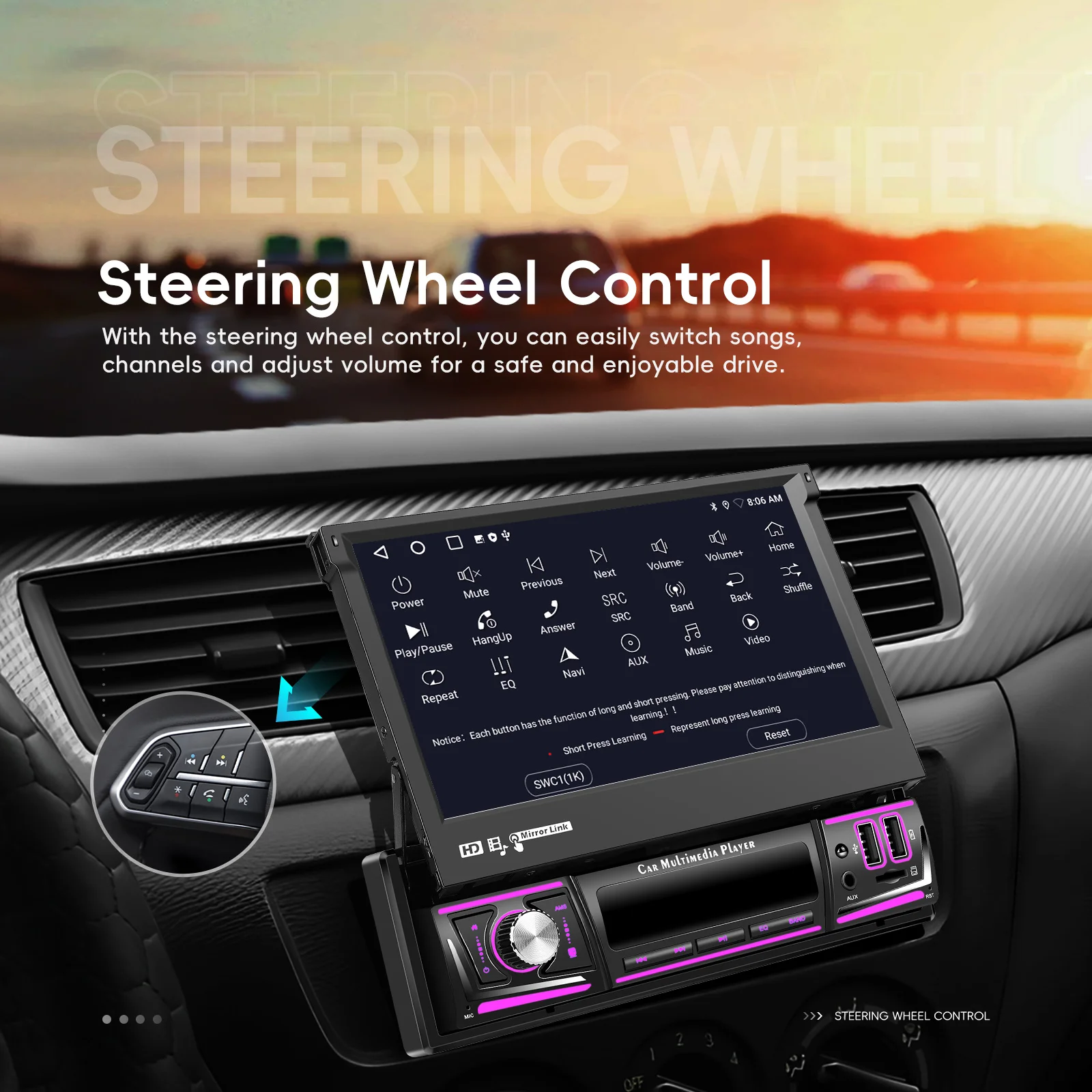 Podofo 2+64G Intelligentes Autosystem 1 Din Kabelloses Carplay Android Auto 7'' Auto-Multimediaplayer mit WLAN GPS Rückfahrkamera-Unterstützung – Detail 5