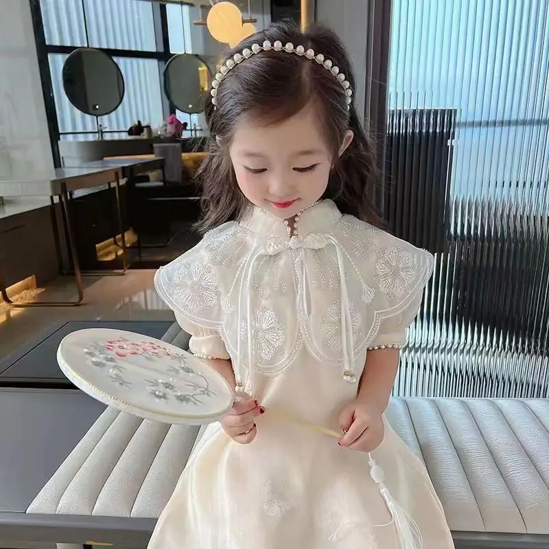 

Kids Girls Dress Summer 2023 New Chinese Style Short Sleeve Hanfu Qi Pao Skirt Fashionable Childrens Ancient Style Skirt Trend